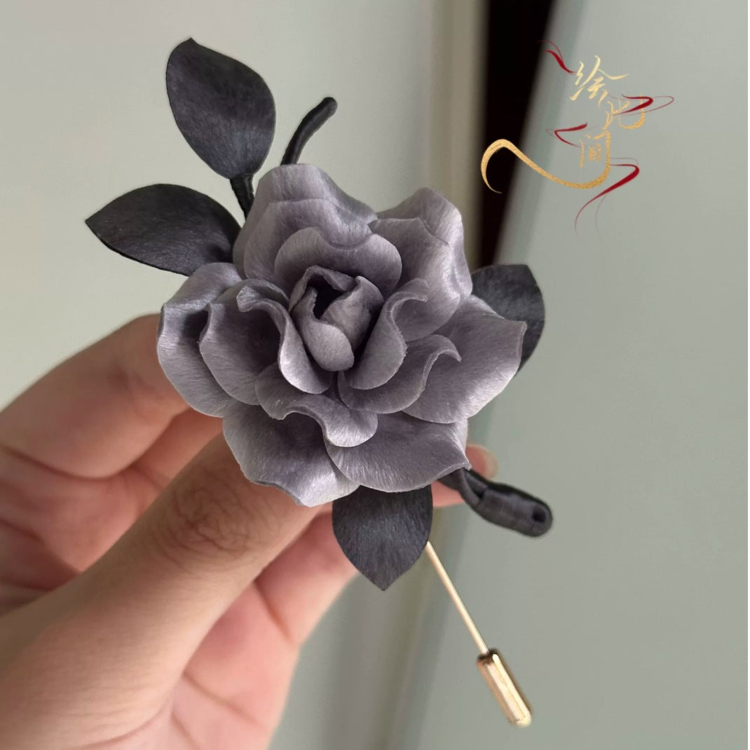 Moonlit Silver Rose Silk Brooch
