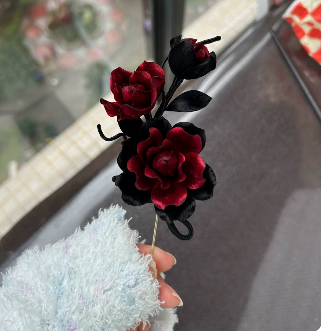 Ashen Crimson Rose Silk Brooch
