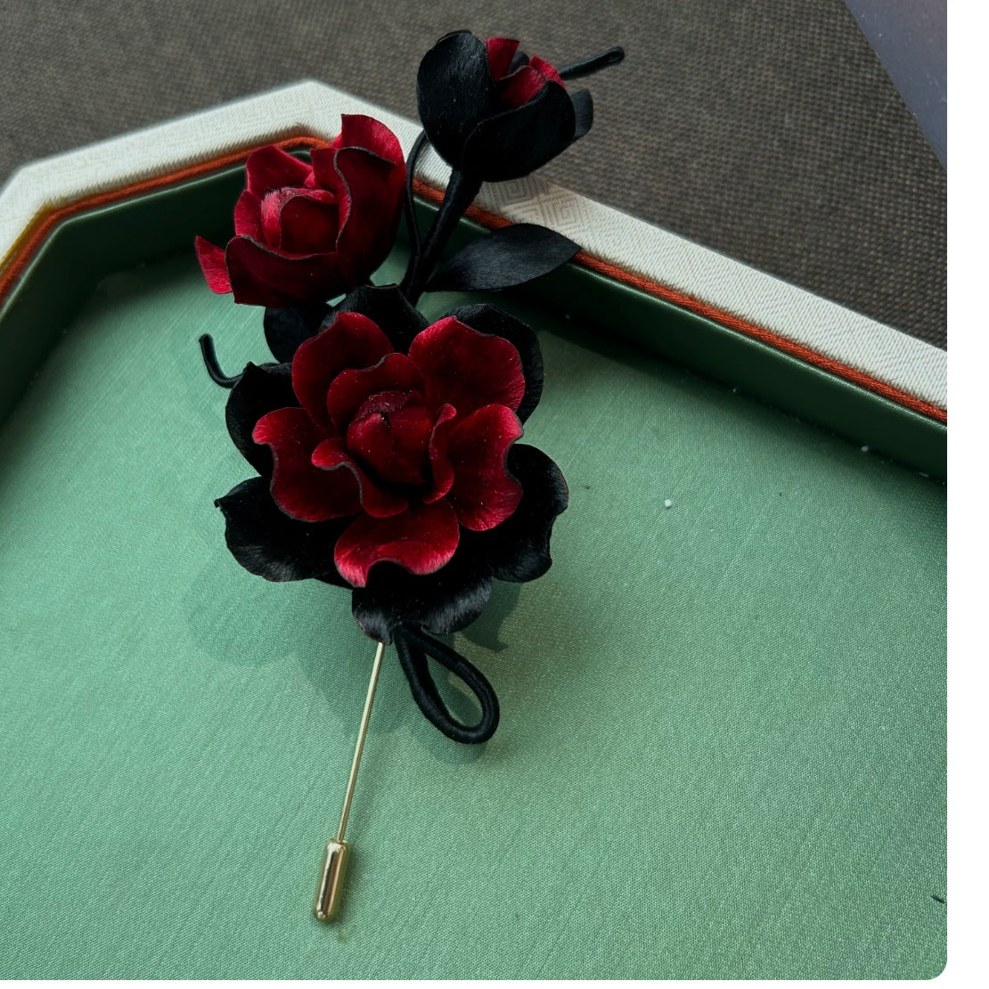 Ashen Crimson Rose Silk Brooch