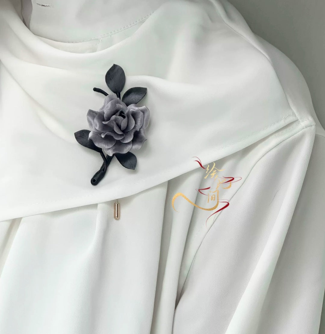 Moonlit Silver Rose Silk Brooch