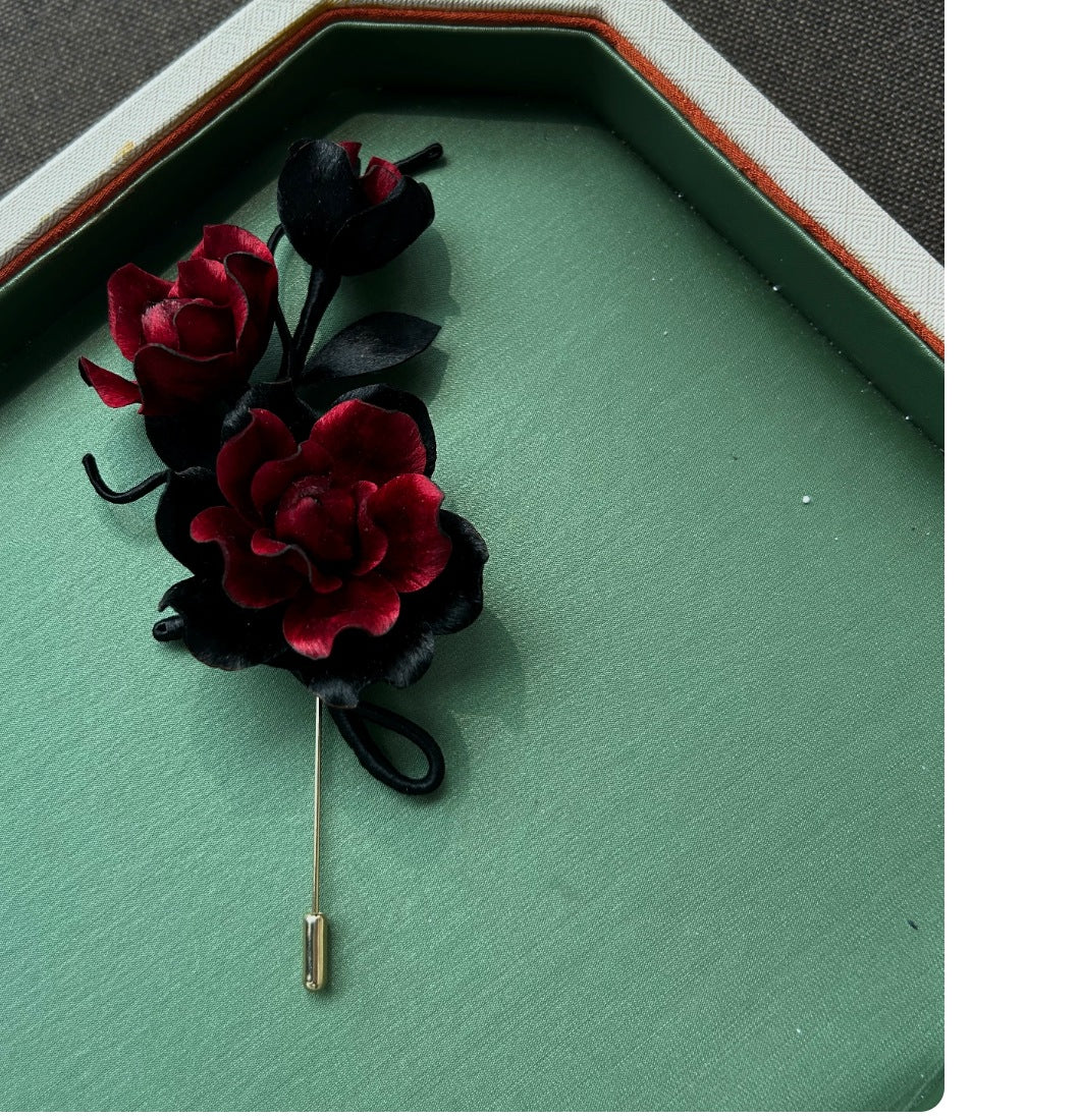 Ashen Crimson Rose Silk Brooch