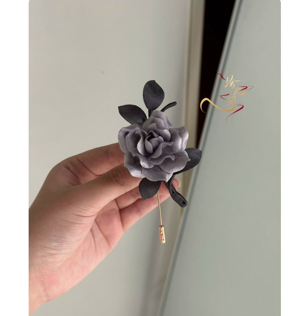 Moonlit Silver Rose Silk Brooch